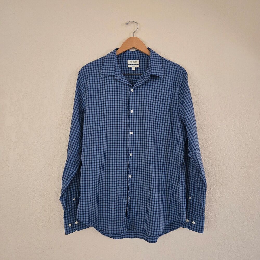 Bonobos New York Men's Blue Gingham Check Long Sleeve Button Down Shirt Size L